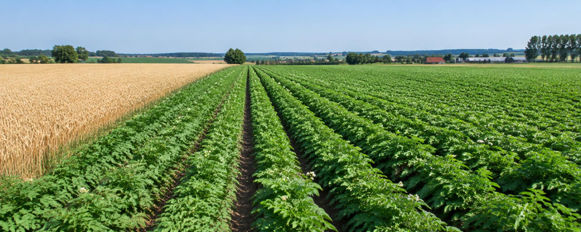 Groene gewasrijen naast een goudgeel graanveld