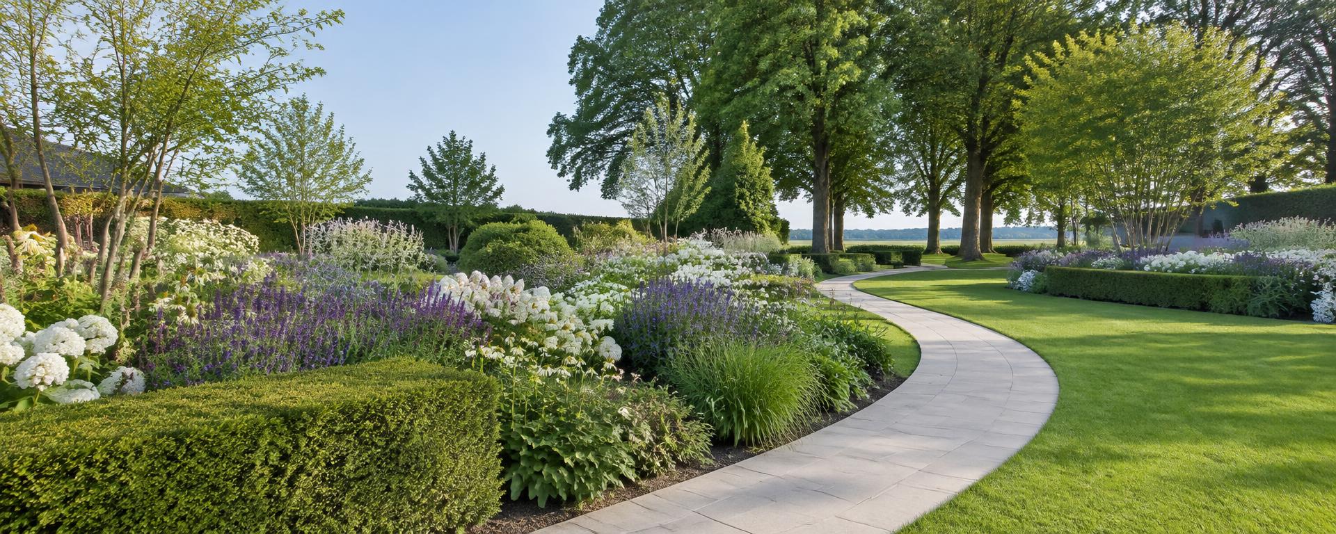 Verzorgde tuin met bloeiende borders, hagen en een wandelpad